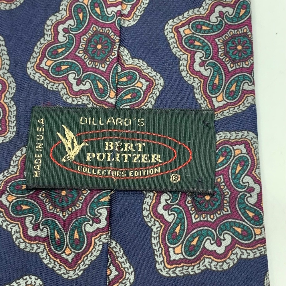 Bert Pulitzer Hand Printed Silk Foulard‎ Necktie Navy/Burgundy Green Medallion - Picture 3 of 4